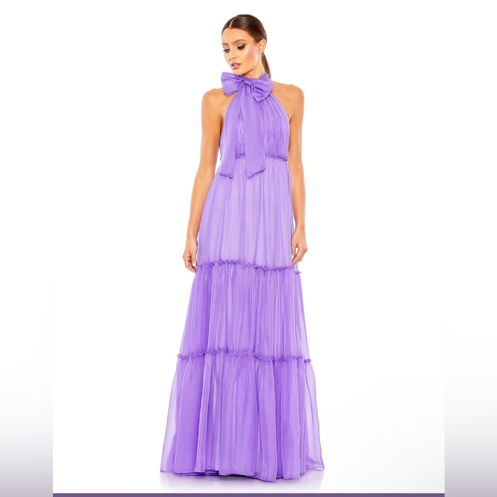 New Ieena Mac Duggal High Neck Chiffon Tiered A-Line Gown Orchid #55848 Size 4